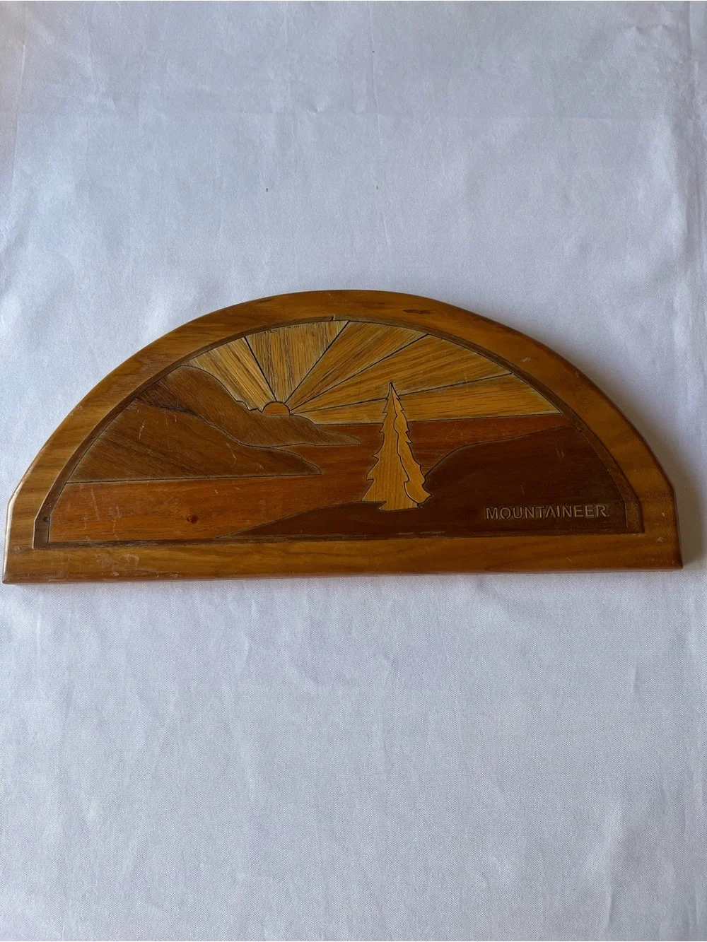 Vintage Wooden Marquetry Wall Plaque Half Moon Door Topper Mountaineer Sunset